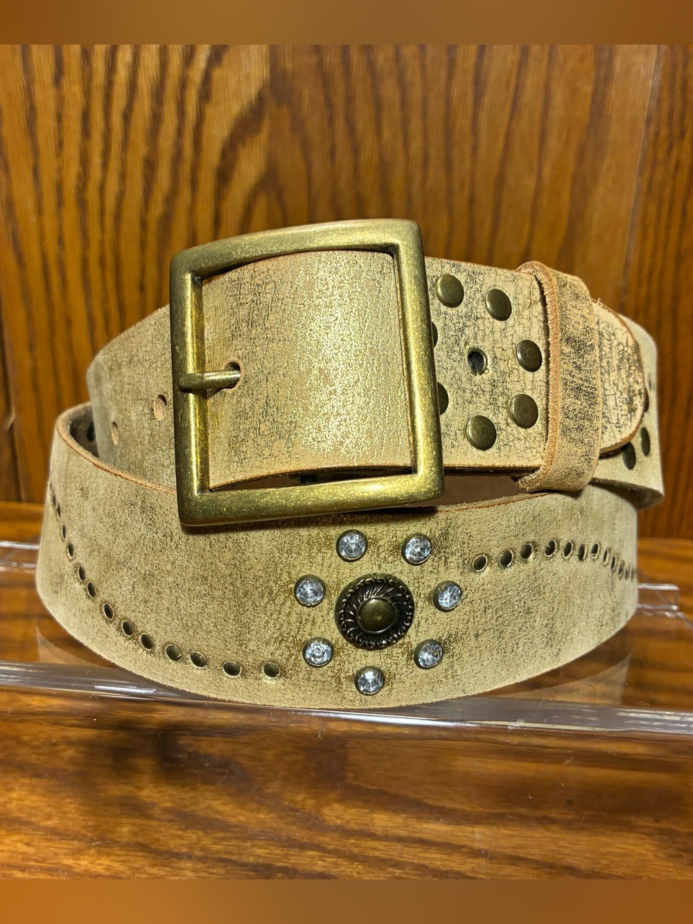 Y2K VTG Aeropostale Rhinestone Studded Western Belt Gold Leather Large